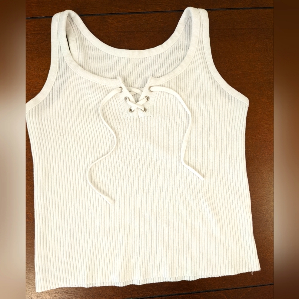 White Cropped Tank Top with Lace-Up Detail, Size XS/S